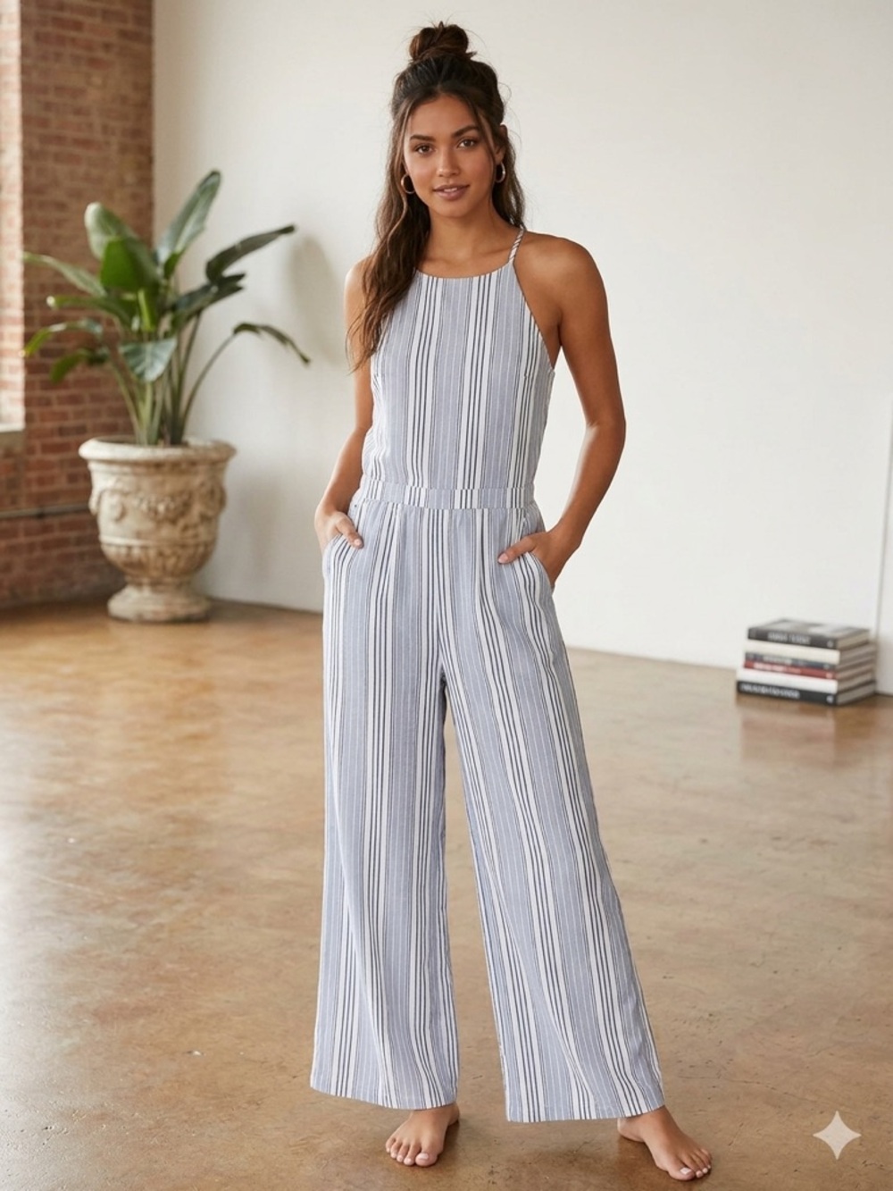 Hollister Co. Striped Halter Neck Wide Leg Jumpsuit
